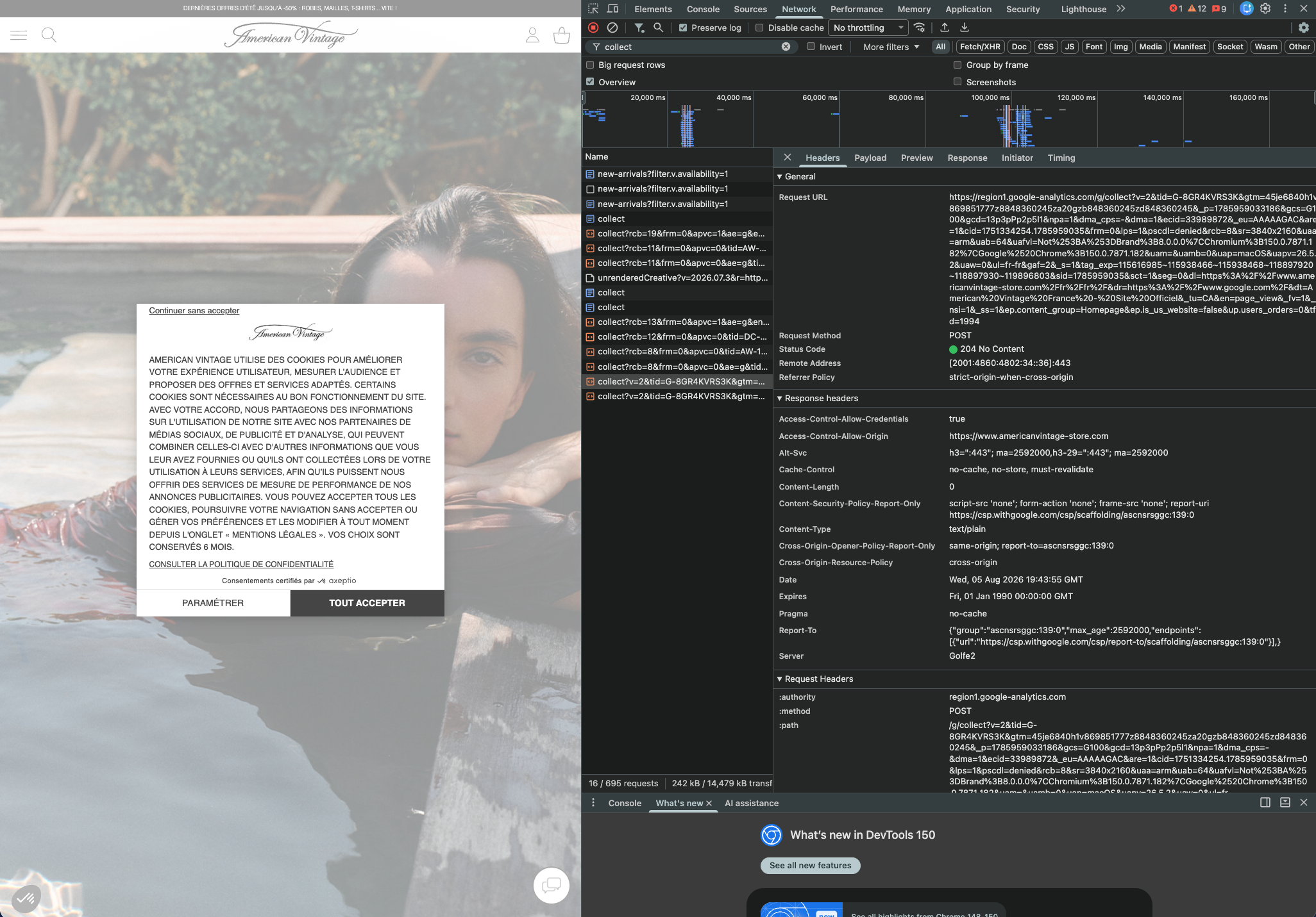 Filtrer les requêtes collect dans l'onglet Network du DevTools