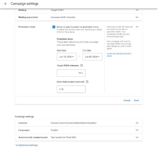 Réglages du promotion mode dans une campagne Google Ads : dates de promotion, tolérance sur le ROAS cible et budget quotidien supplémentaire